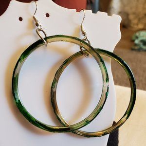 2" Glass Green Hoop Hook Dangle Earrings Artisan